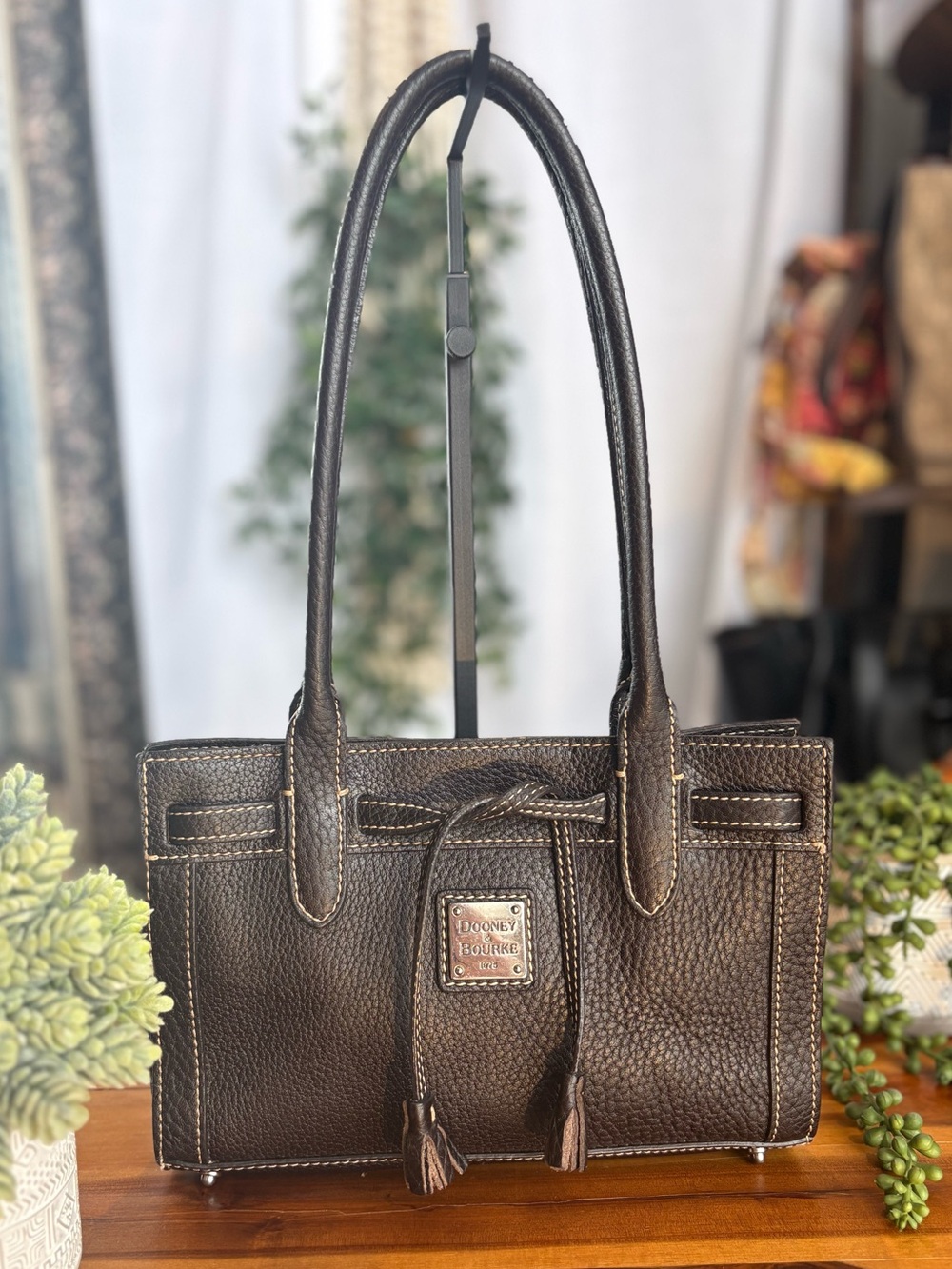 Dooney Pebble Grain Tassel Drawstring Shoulder Bag Mini Tote Plumes Lining